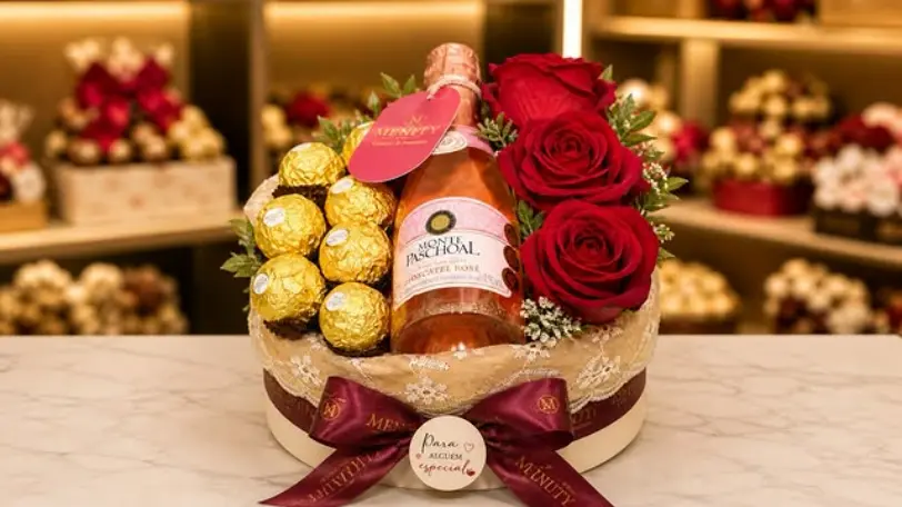 Cesta premium Menity com vinho rosé, rosas e chocolates